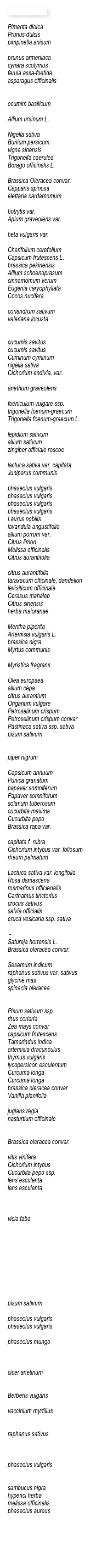 Name botanisch

Pimenta dioica Prunus dulcispimpinella anisum prunus armeniacacynara scolymusferula assa-foetidaasparagus officinalisocumim basilicumAllium ursinum L.Nigella sativaBunium persicumvigna sinensisTrigonella caeruleaBorago officinalis L.Brassica Oleracea convar.Capparis spinosaelettaria cardamomumbotrytis var.Apium graveolens var.beta vulgaris var.Cherifolium cerefoliumCapsicum frutescens L.brassica pekinensisAllium schoenoprasumcinnamomum verumEugenia caryophyllataCocos nuciferacoriandrum sativumvaleriana locustacucumis savituscucumis savitusCuminum cyminumnigella sativaCichorium endivia, var.anethum graveolensfoeniculum vulgare ssp. trigonella foenum-graecumTrigonella foenum-graecum L.lepidium sativumallium sativumzingiber officiale roscoelactuca sativa var. capitataJuniperus communisphaseolus vulgarisphaseolus vulgarisphaseolus vulgarisphaseolus vulgarisLaurus nobilislavandula angustifoliaallium porrum var.Citrus limonMelissa officinalisCitrus aurantifoliacitrus aurantifoliataraxacum officinale, dandelionlevisiticum officinaleCerasus mahalebCitrus sinensisherba maioranaeMentha piperitaArtemisia vulgaris L.brassica nigraMyrtus communisMyristica fragransOlea europaeaallium cepacitrus aurantiumOriganum vulgarePetroselinum crispumPetroselinum crispum convarPastinaca sativa ssp. sativapisum sativumpiper nigrumCapsicum annuumPunica granatumpapaver somniferumPapaver somniferumsolanum tuberosumcucurbita maximaCucurbita pepoBrassica rapa var.capitata f. rubraCichorium intybus var. foliosumrheum palmatumLactuca sativa var. longifoliaRosa damascenarosmarinus officienalisCarthamus tinctoriuscrocus sativussalvia officialiseruca vesicaria ssp. sativa -Satureja hortensis L.Brassica oleracea convar.Sesamum indicumraphanus sativus var. sativusglycine maxspinacia oleraceaPisum sativum ssp.rhus coriariaZea mays convarcapsicum frutescensTamarindus indicaartemisia dracunculusthymus vulgarislycopersicon esculentumCurcuma longaCurcuma longabrassica oleracea convarVanilla planifoliajuglans regianasturtium officinaleBrassica oleracea convar. vitis viniferaCichorium intybusCucurbita pepo ssp.lens esculentalens esculentavicia fabapisum sativumphaseolus vulgarisphaseolus vulgarisphaseolus mungocicer arietinumBerberis vulgarisvaccinium myrtillusraphanus sativusphaseolus vulgarissambucus nigrahyperici herbamelissa officinalisphaseolus aureus
